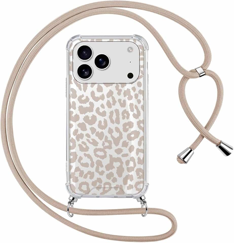 ZhuoFan Handyband Handyhülle für iPhone 17 Pro Max Hülle 6,9" mit Band, Transparent Aesthetic Leopard Braun Herbst Fall Cover mit Kette Kordel zum umhängen Necklace Case Silikon PC Schutzhülle, 01