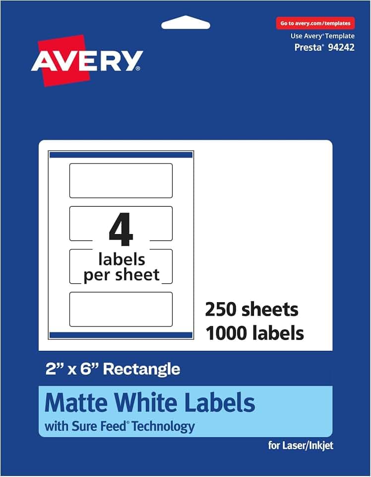 Avery® Matte White Rectangle Labels, Sure Feed® Technology, 2" x 6", 1,000 Matte White Printable Labels