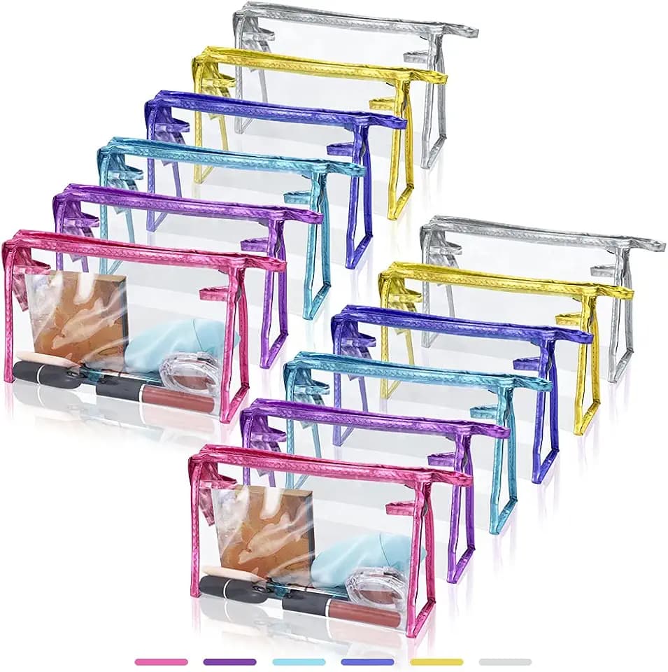 SITAKE 12 Pcs Portable Transparent Cosmetic Bags, Clear Waterproof Makeup Bags with Handle, PVC Travel Toiletry Bags Pouches, Clear Pencil Cases, Stationary Organizers(6 Colors)