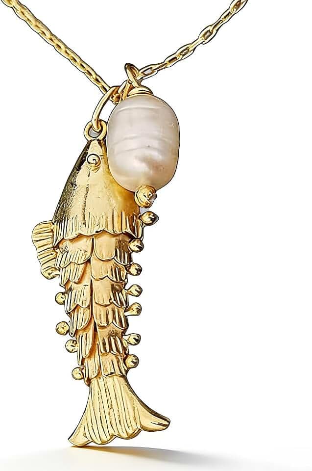 Beach Charm Necklaces，Lucky pearl golden Fish Pendant Necklaces For Women,Fish Drop Necklace Dainty Beach Jewelry gift