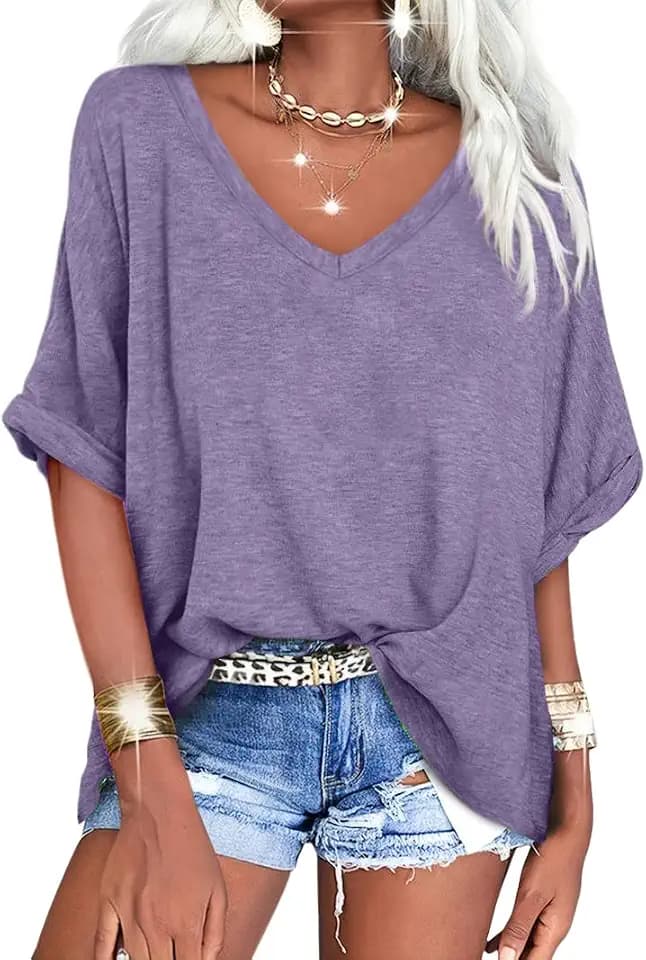 Langwyqu Womens Oversized T Shirts V Neck Short Sleeve Summer Tops Tees