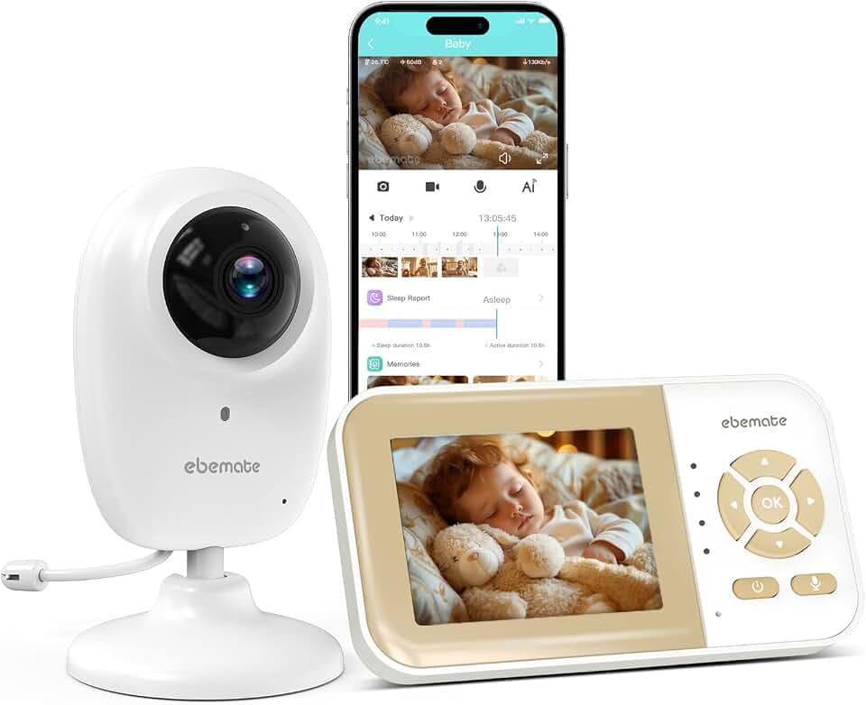 ebemate Smart Baby Monitor with Camera and Audio, 2.8-Inch Screen and Phone App, 1080P Camera, Sound and Activity Alerts, Night Vision, Two-Way Talk and Recording