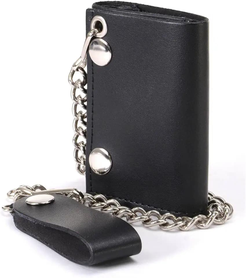 Milwaukee Leather MLW7831 Men's 4" Classic Black Plain Genuine Leather Tri-Fold Biker Wallet w/Anti-Theft Stainless Steel Chain - One Size