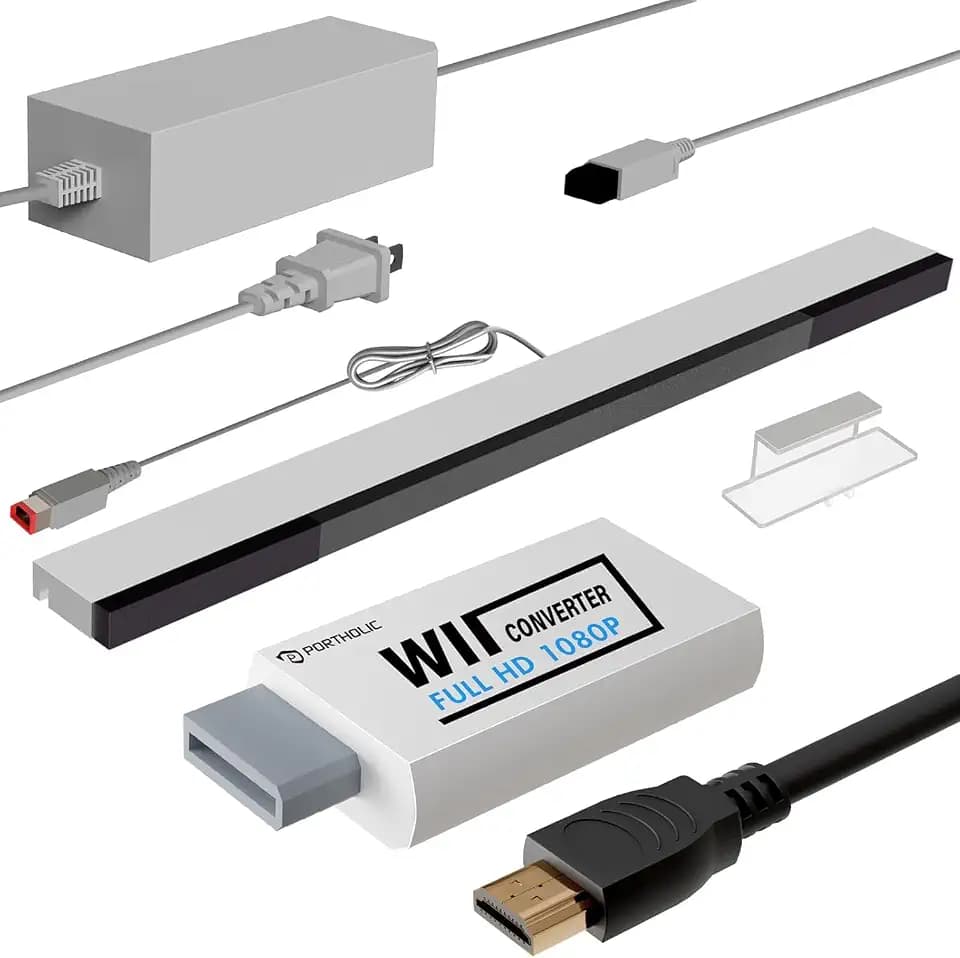 PORTHOLIC 4 in 1 Wii Replacement Cables Set, Wii AC Power Adapter + Wii to hdmi Converter+ Wired Motion Sensor Bar and Composite Audio Video Cable for Nintendo Wii