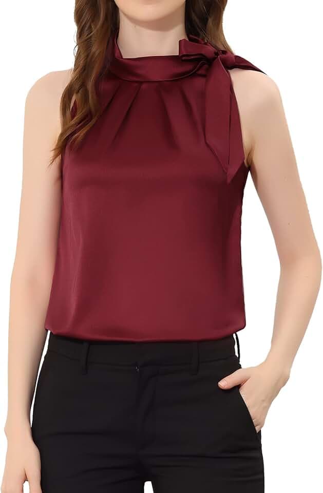 Allegra K Women's Satin Tank Tops Bow Tie Mock Neck Sleeveless Work Blouse