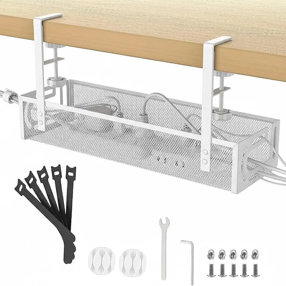 Kabelkanal Schreibtisch, Kabelwanne Schreibtisch mit Seitlicher Öffnung und Klemmhalterung, Kabelmanagement Rack,Kabelmanagement unter dem Schreibtisch,geeignet für Zuhause und Büro (Weiß)