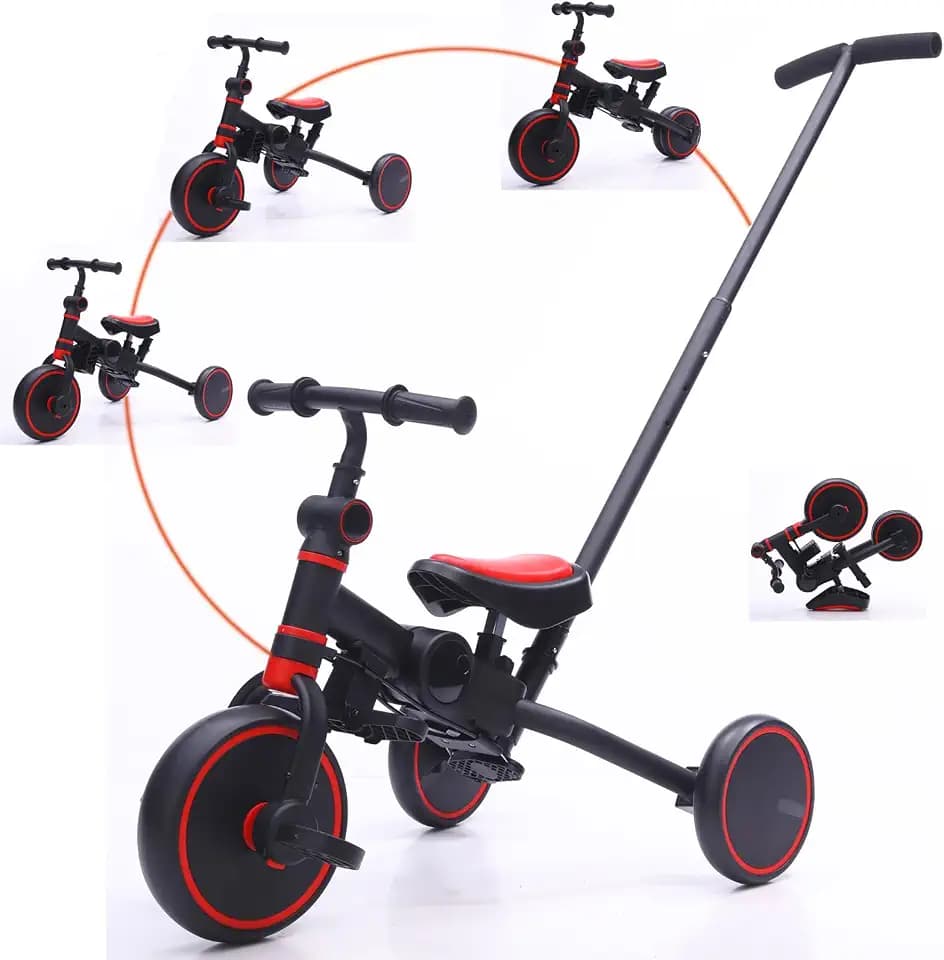 5 in 1 Kids Tricycle Balance Bike with Adjustable Push Handle, Convertible Toddler Trike, EVA Wheels, Ages 12 Months to 5 Years (Red)