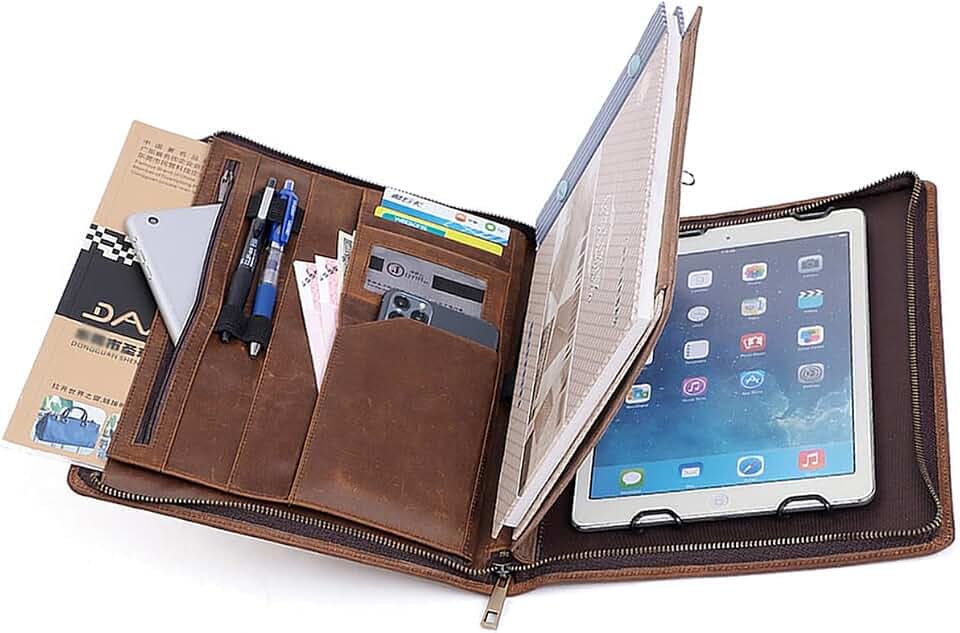 Leather Padfolio for iPad Genuine Leather Professioal Business Portfolio Folder with Zipper Pocket for iPad for 9.7"