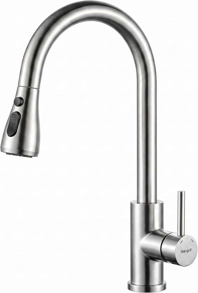 Ibergrif Kitchen Tap, Pull Out Sprayer Kitchen Mixer Tap, Brushed Nickel
