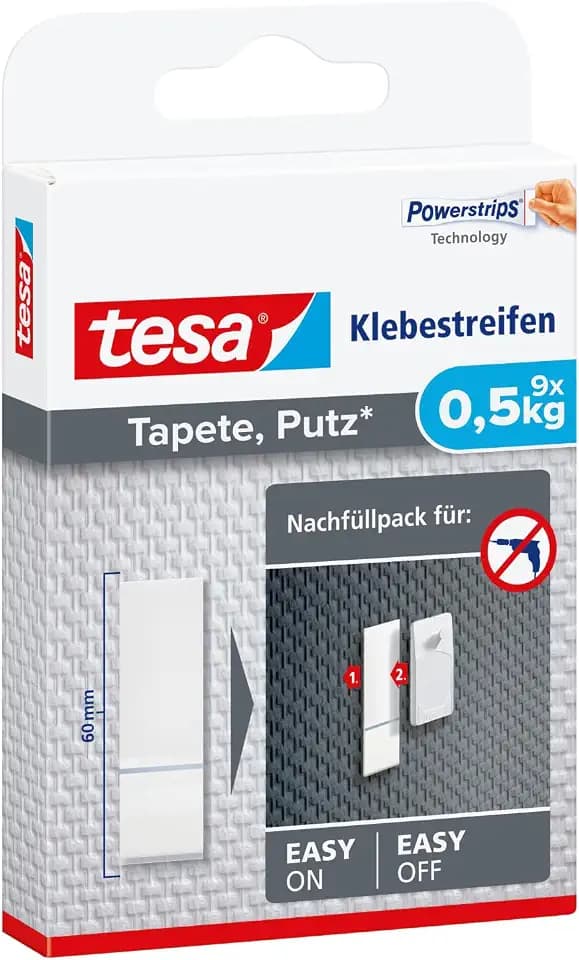 tesa Powerstrips Tapete & Putz - 0,5 kg - 1 x 9 doppelseitige Klebestreifen