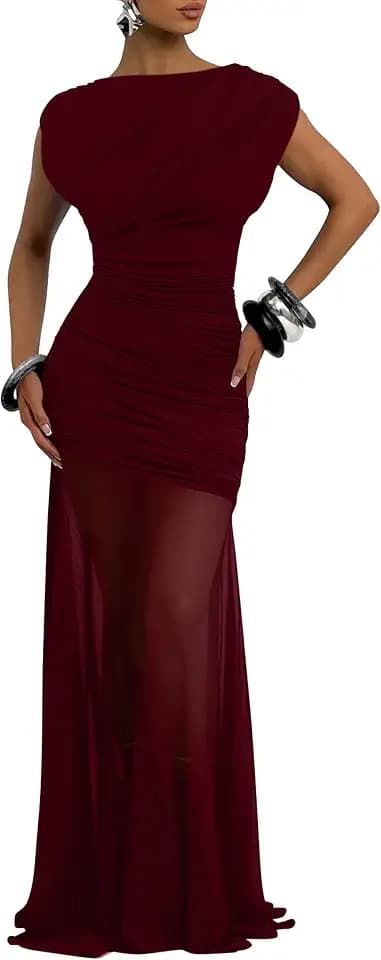 YMDUCH Women's Elegant Sleeveless Ruched Bodycon Long Party Dress