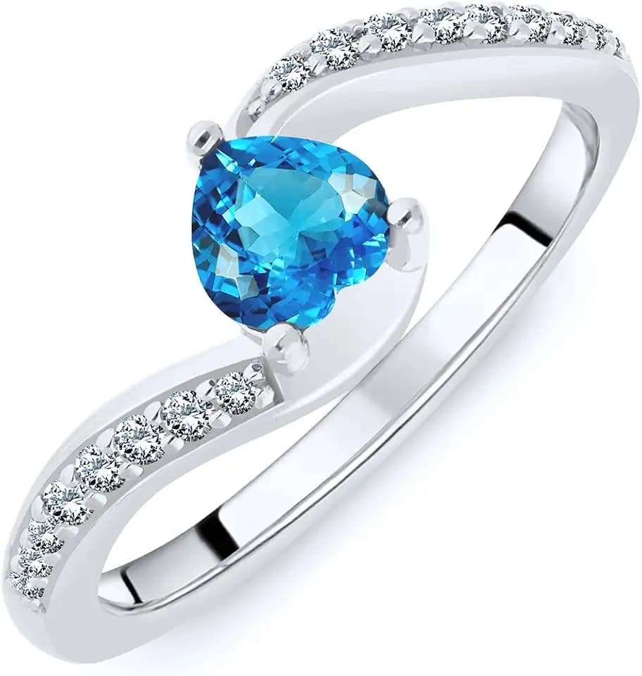 Planetys - Ring aus Sterling-Silber 925/1000, rhodiniert, für Damen, besetzt mit Schweizer blauem Topas, Herzgröße