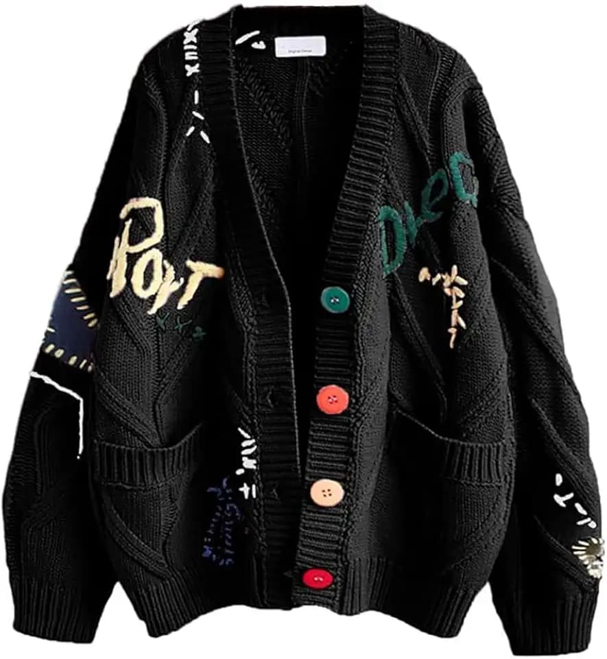Women's Cable Knit Open Front Cardigan V-Neck Button Down Embroidery Wool Blend Sweater Coat