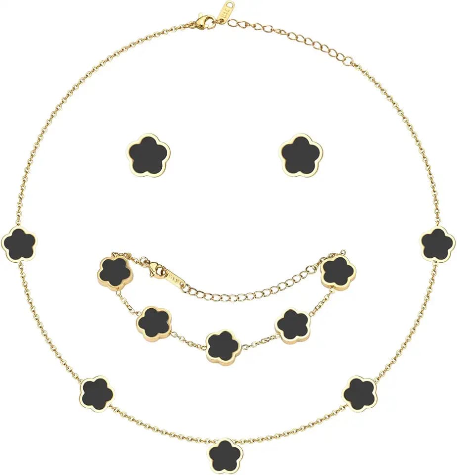 Gold Jewelry Set Clover Bracelet Necklace Stud Earrings for Women