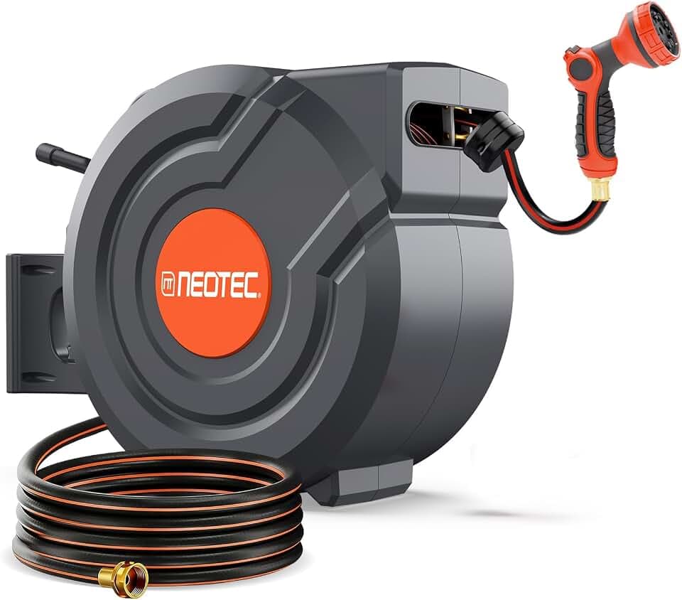 150FT Retractable Garden Hose Reel 1/2 Inch, Wall Mounted Heavy Duty Water Hose with Auto-Lock, Slow Return, 180° Swivel Bracket & 9-Pattern Spray Nozzle – UV Resistant Outdoor Hose Storage System