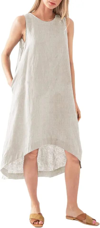Amazhiyu Women's 100% Linen High Low Midi Dress with Pocket