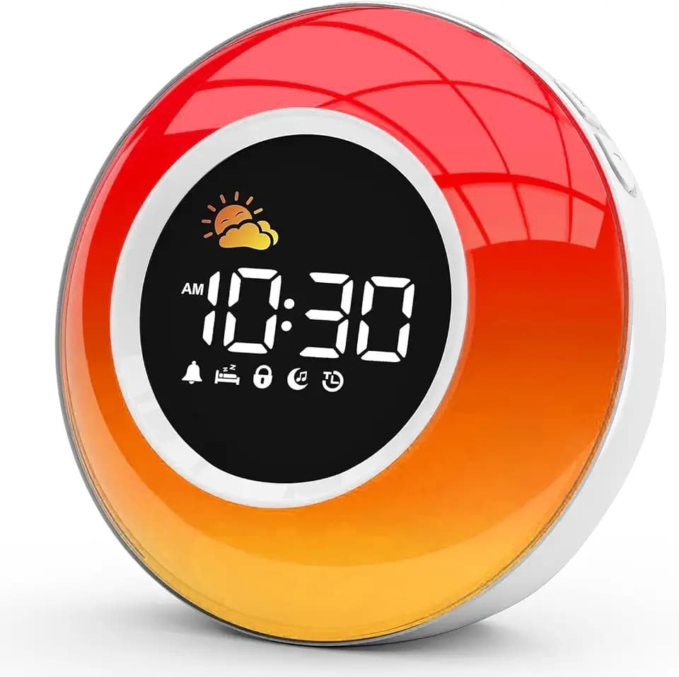 Wecker Digital Kinder,Schlaftrainer mit Nachtlicht, Customized Lichtwecker mit 12 White Noise, Snooze und Timer 15/30/60/90 mins, Tischuhr ohne Tick, 6 Weckertöne,Geschenke für Mädchen Jungen (Weiss)