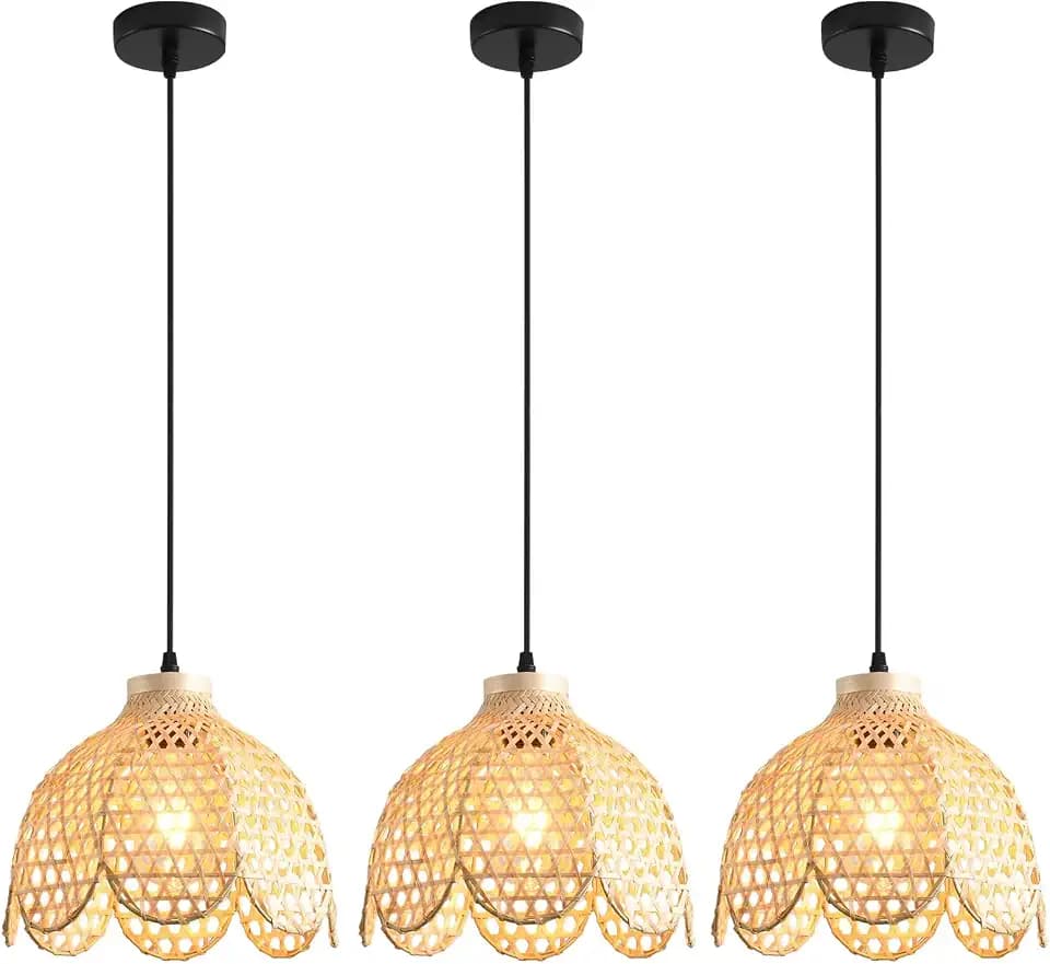 3-Pack Bamboo Pendant Light,Hand Woven Wicker Hanging Lights