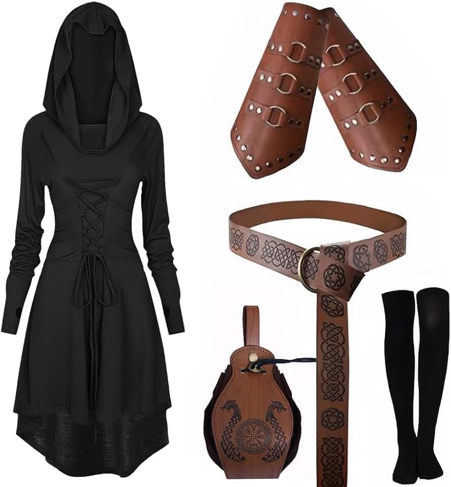 Mittelalter Kleidung Kostüm Damen Set Mittelalterliches Kapuzenkleid Set Renaissance Kostüm Set mit Armschützern Gürtel Gürteltasche Strümpfe Zubehör