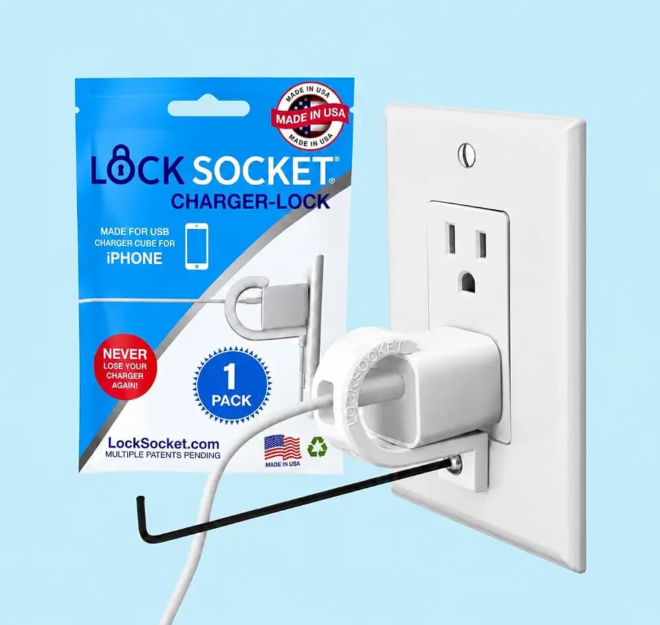 Lock Socket Charger Lock Made for Old Type-Original 1" USB Cube - Anti Theft Outlet Lock, Firmly Secures Apple iPhone 16/15/14/13/12/ X/MAX/XR/8/7, iPad, Samsung and More -Child-Safe - Made in USA