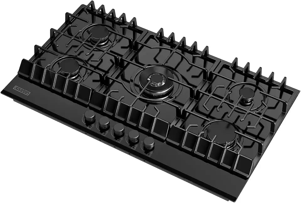 Empava 36 Inch Gas Stove Cooktop 5 Italy Sabaf Sealed Burners NG/LPG Convertible in Black Tempered Glass