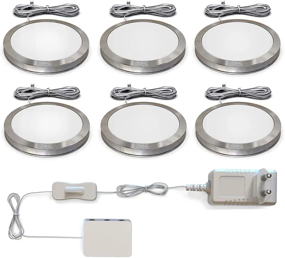 B.K.Licht - 6er Set Unterbauleuchte mit Kabelschalter, warmweiße Lichtfarbe, je 1,8W, Unterbauleuchte Küche, LED Lichtleiste Küche, Schrankbeleuchtung, Küchenlampe, 59x9,5 mm, Aluminiumfarbig
