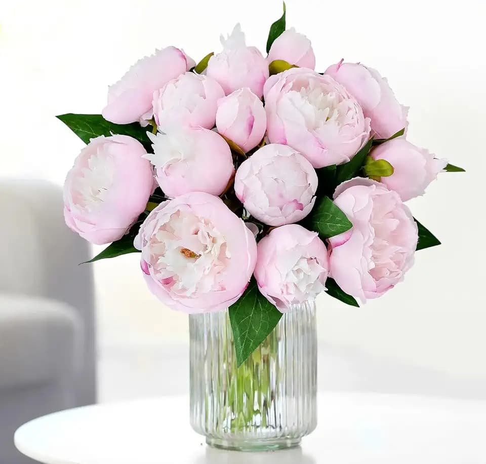 JINWOE Light Pink Peonies Faux Flowers,14Heads 2 Bouquets Silk Artificial Peonies, Fake Flowers for Wedding Bridal Bouquet Home Centerpiece Table Flower Arrangements