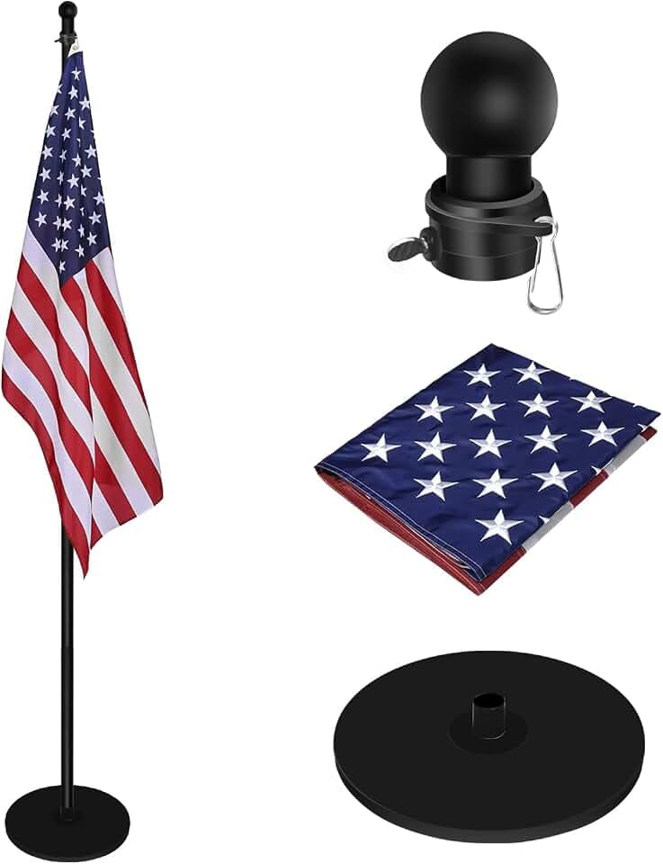 Indoor Flag Pole and Stand with Weighted Round Base, 8 FT Adjustable Indoor Flag Pole Kit, Round Topper, 3x5 FT American Flag, for Office School Auditorium, Black