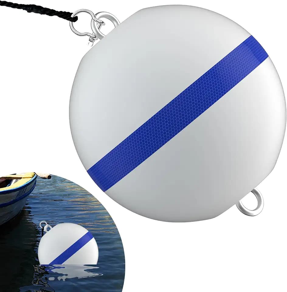 Mooring Buoy 12", 15", White Ball Boat Buoy with Reflective Blue Stripe, Includes D-Shackle and Rope for Boat Anchoring and Water Marking