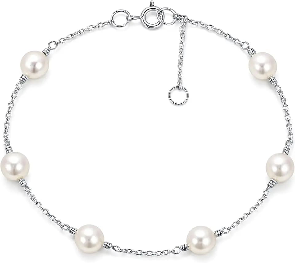 AeraVida Luminous Cultured Freshwater White Pearl .925 Sterling Silver Chain Link Adjustable Bracelet with Spring Ring Clasp | Handcrafted Pearl Bracelet for Daily Wear