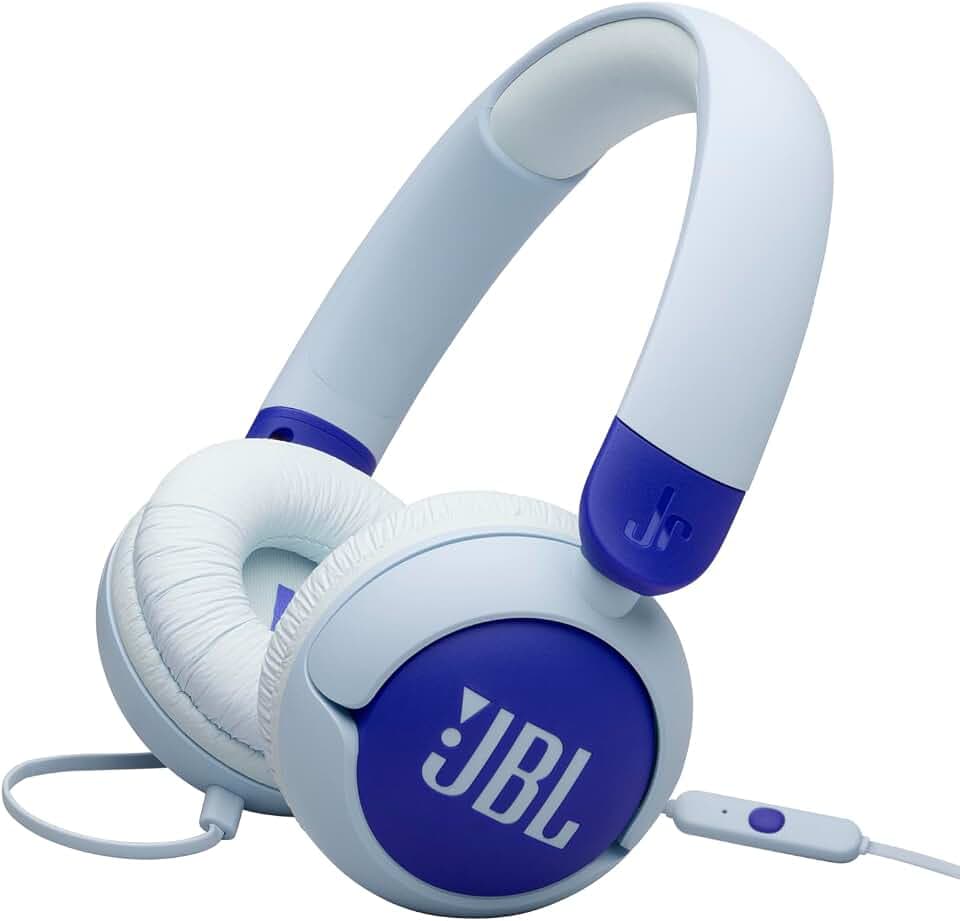 JBL Junior 320, On-Ear-Kopfhörer mit Kabel und eingebautem Mikrofon für Kinder, JBL Safe Sound, niedriger Lautstärke, 12 mm Soft Pad und Sticker-Set, tragbares Design, Blau