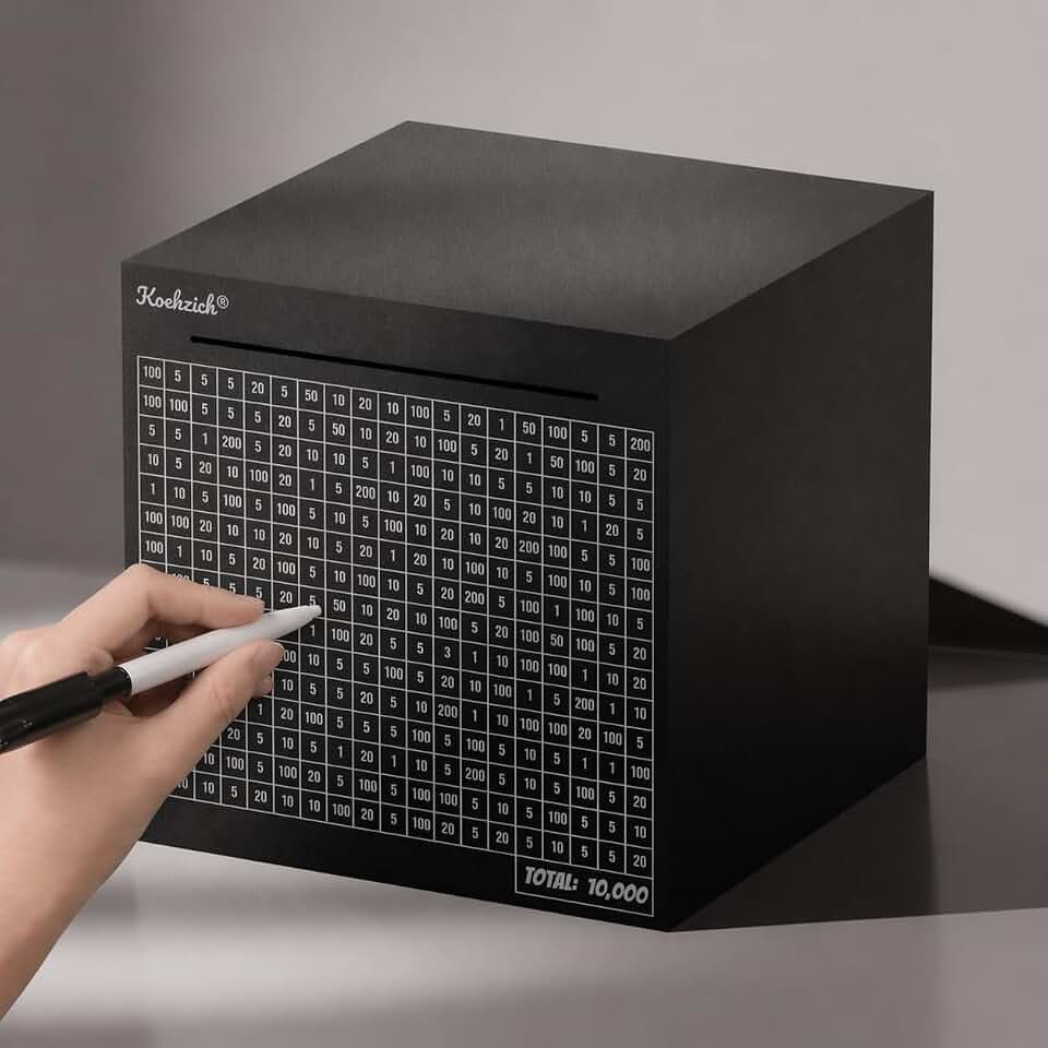 Savings Challenge Box, Black Metal Piggy Bank for Adults and Kids, 10000 Money Saving Cash Bank Cube with Coin Slot, Black Square Steel Container, Visual Savings Tracker(5.9in - 10000 Dollars)