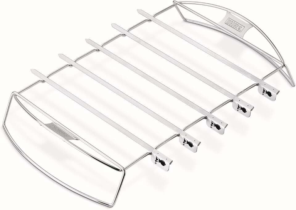Weber Schaschlik/Kebab Set, besteht aus 5 Edelstahlspießen & Edelstahlgestell, passend für alle Holzkohle Grills ab Ø 57cm & Gasgrills ab Q2000 Serie oder größer, Antihaft-Edelstahl - Silber (6606)