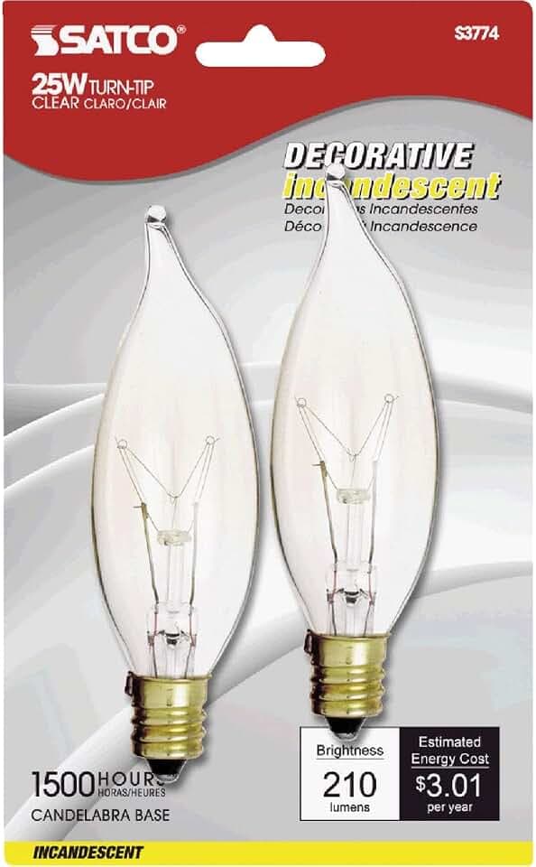 Satco S3774 Turn Tip Incandescent Decorative Light Bulb, 25 Watts, 120 Volt, Pack of 10 (2 Bulbs per Card)
