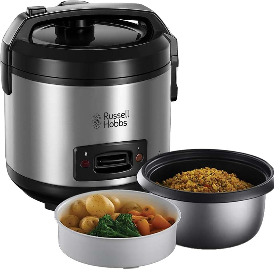 Russell Hobbs Reiskocher 1,2l inkl. Dampfgarer -Einsatz mit Aroma-Klappdeckel (Warmhaltefunktion, antihaftbeschichteter Gartopf, Reislöffel & Messbecher, Edelstahl) 27080-56