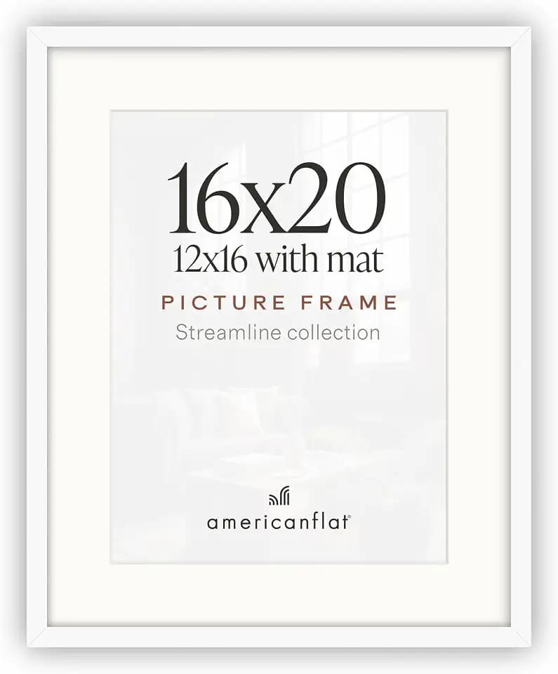 Americanflat 16x20 Poster Frame - Matted to 12x16 - Slim Molding - White