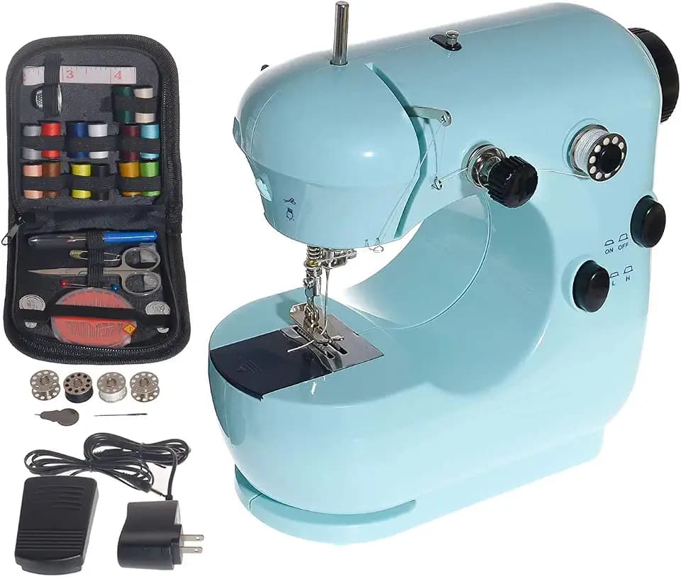 YHMY Mini Electric Sewing Machine Kit for Beginners and Kids,Tailors/Arts/Crafting/Embroidery, Home Portable Household Sewing Machine Adjustable 2-Speed Double Thread With Arm-free, Foot Pedal (Blue)