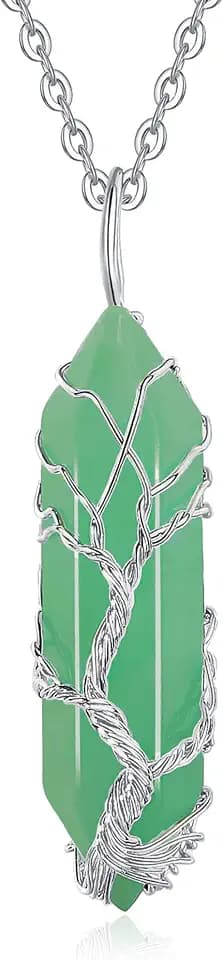 XIANNVXI Tree of Life Wire Wrapped Green Aventurine Crystal Point Pendant Necklace Reiki Healing Crystal Stone Necklaces Natural Spiritual Hexagonal Gemstone Quartz Jewelry for Women Men