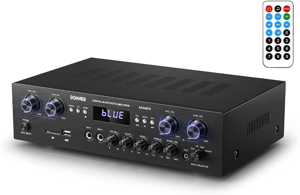 Donner Audio Leistungsverstärker Bluetooth 5.0, Donner 440W Audio Verstärker 4 Kanal, Stereo Receiver mit USB, SD, FM, 2 Mikrofoneingang Echo, RCA, LED, für Studio, Heimkino, MAMP5