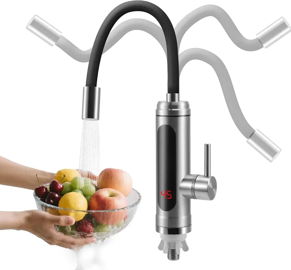 Elektrischer Wasserhahn mit Durchlauferhitzer 230V, 3000W Elektrischer Wasserhahn aus Edelstahl mit LED, 360° Swivel Warmwasserboiler Wasserhahn mit Durchlauferhitzer für die Küche Bad
