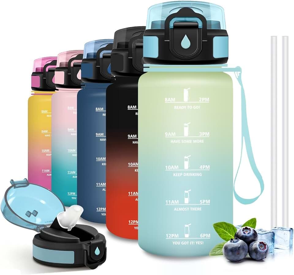 Grsta Trinkflasche,Trinkflasche Kinder 500ml, Wasserflasche, Flasche | Trinkflasche mit Strohhalm, Trinkflasche Auslaufsicher, Wasserflasche mit Zeitmarkierung, Water Bottle für Schule, Camping