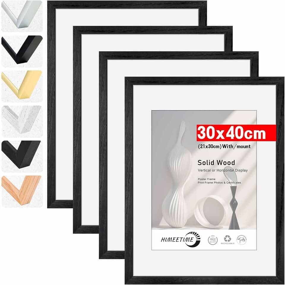 HIMEETIME® 4x Bilderrahmen,30x40 cm Schwarz Rahmen Bild mit Passepartout Display a4 (21x30cm),Holzrahmen Holz-Bilderrahmen Echtholz | Picture Frame 30x40 Fotorahmen zum Aufhängen