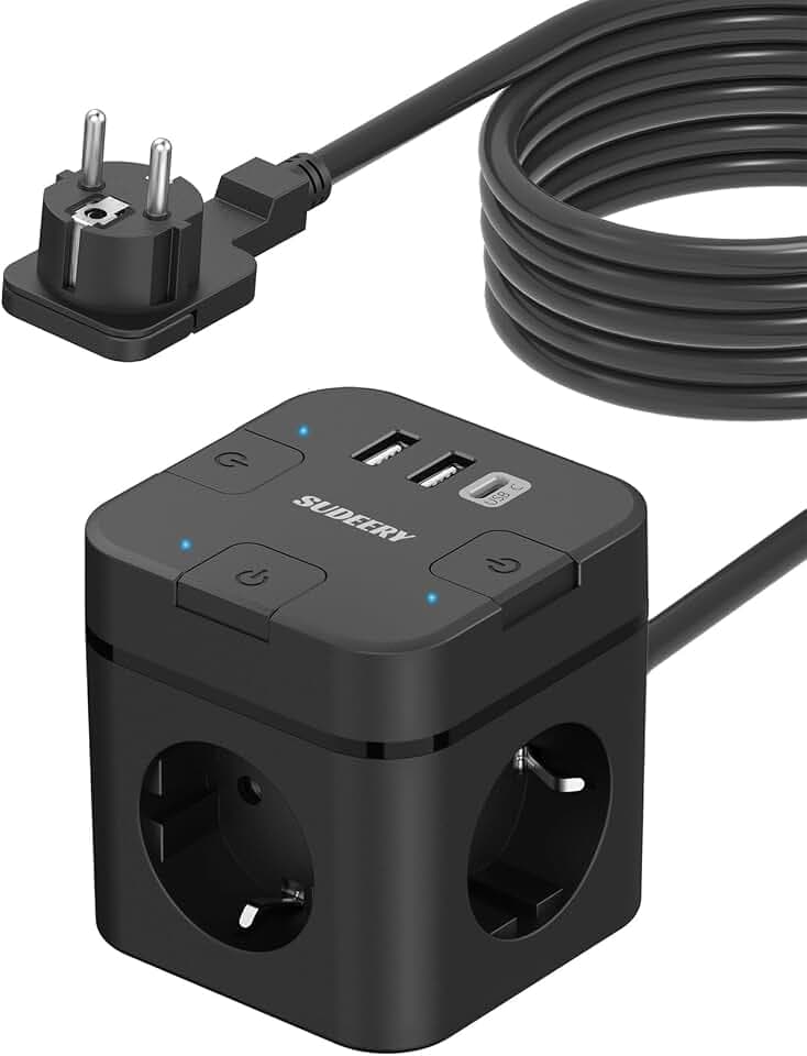 3 Fach Steckdosenwürfel USB C mit 4m Kabel, Schwarz