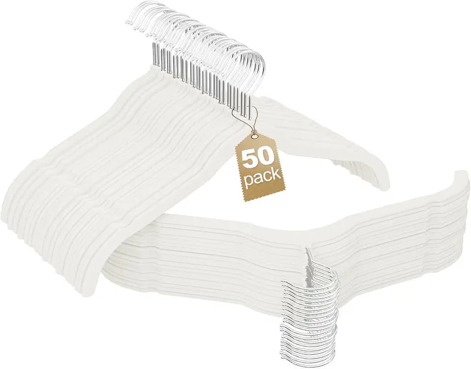 Velvet Shirt Hangers 50 Pack, No Shoulder Bumps for Clothes (White)