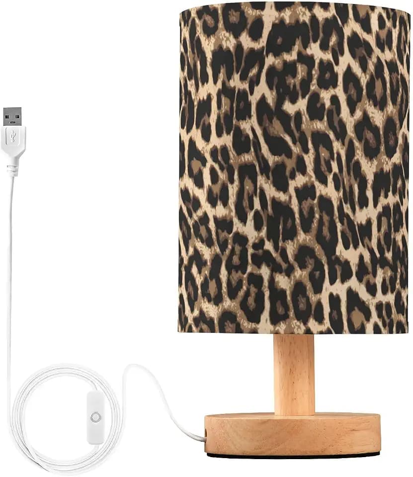 Bedside Table Lamp Leopard Print Nightstand Lamp with Wood Desk Lamps for Bedroom Living Room Nursery Office Home Decor