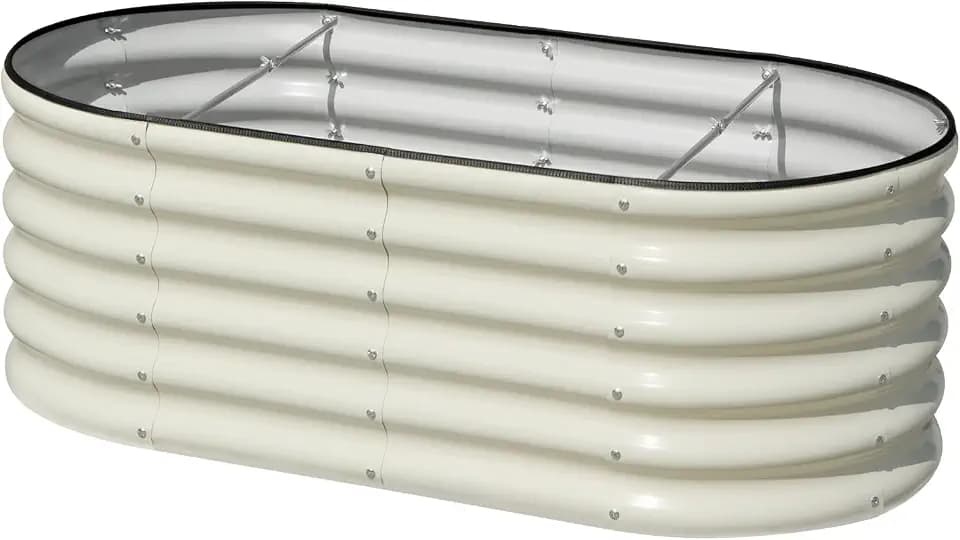SnugNiture 4x2x1.5ft Raised Garden Bed Outdoor, 17" Tall Galvanized Metal Planter Box, Oval Raised Garden Bed Kit for Planting Vegetables Plants Fruits, Beige White