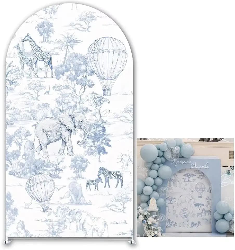 Blue Toile de Jouy Arched Backdrop Cover Safari Jungle Theme Arch Stand Fabric Cover for Wild One Birthday Travel Adventure Party Decoration (No Stand!)