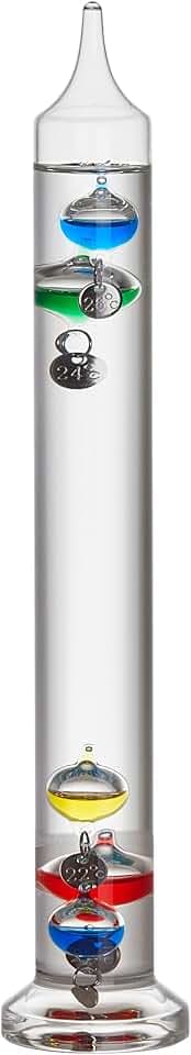 TFA Dostmann Analoges Glasthermometer Galileo Galilei, 18.1018, Flüssigkeitsthermometer, 28cm, Innentemperatur messen, einfaches Ablesen, silberne Temperaturmarken, Dekoobjekt, 18 bis 26°C, bunt