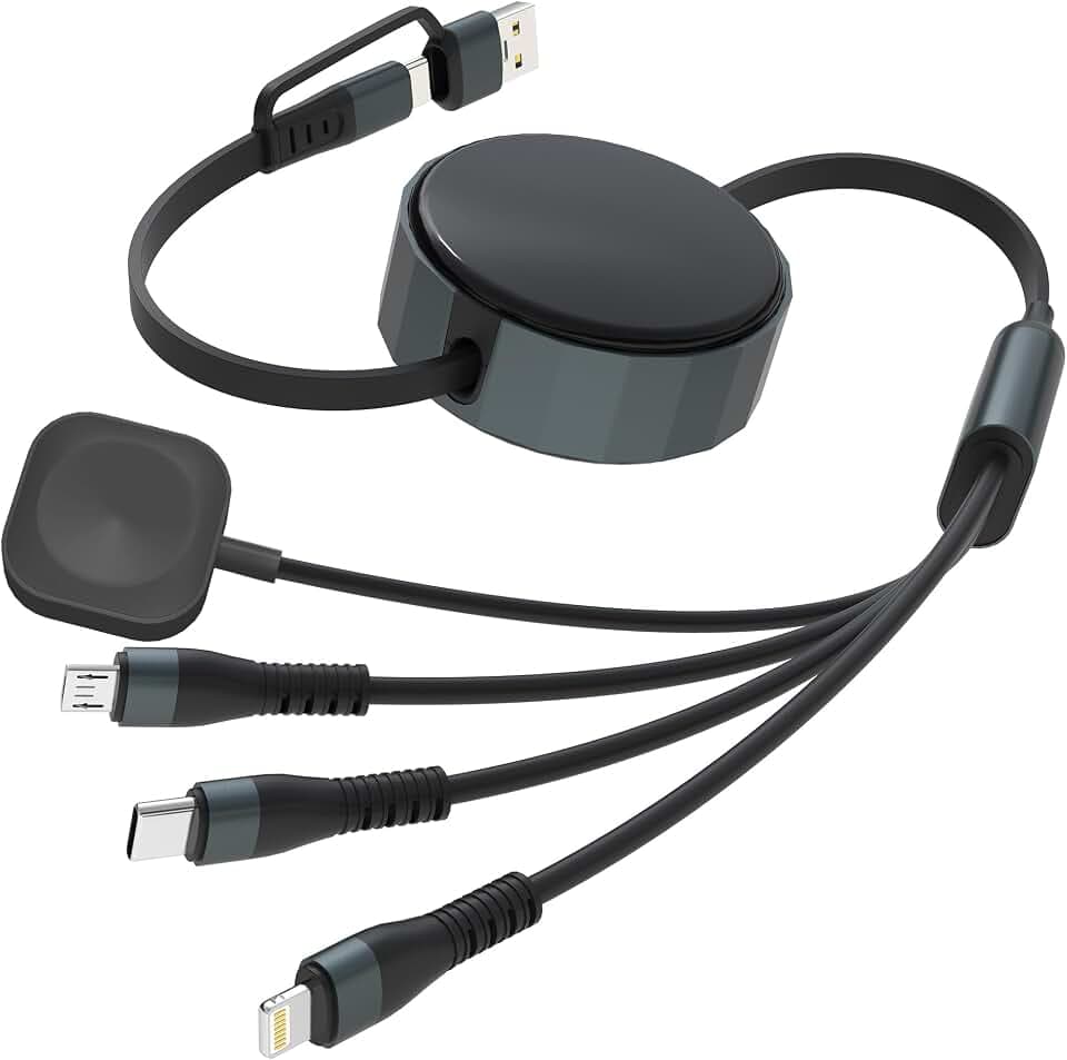 Retractable Multi Charging Cable for Apple Watch - 100W Retractable 4-in-1 Multi Charging Cable with USB-C, Lightning, Micro USB & iWatch Port, Portable Travel Charger Cord for iPad, iPhone, Android