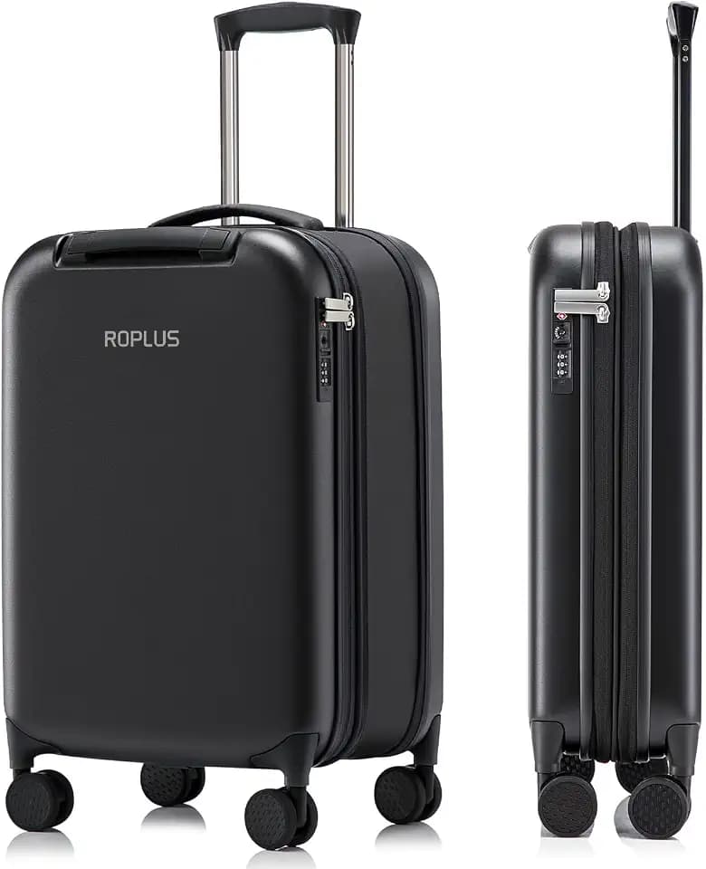 ROPLUS Foldable Carry On Luggage, Durable Hardside Suitcase with Mute Wheels, Waterproof Expandable Harshell Rolling Luggages with Side Pocket, TSA Lock (Black, 20-Inch)